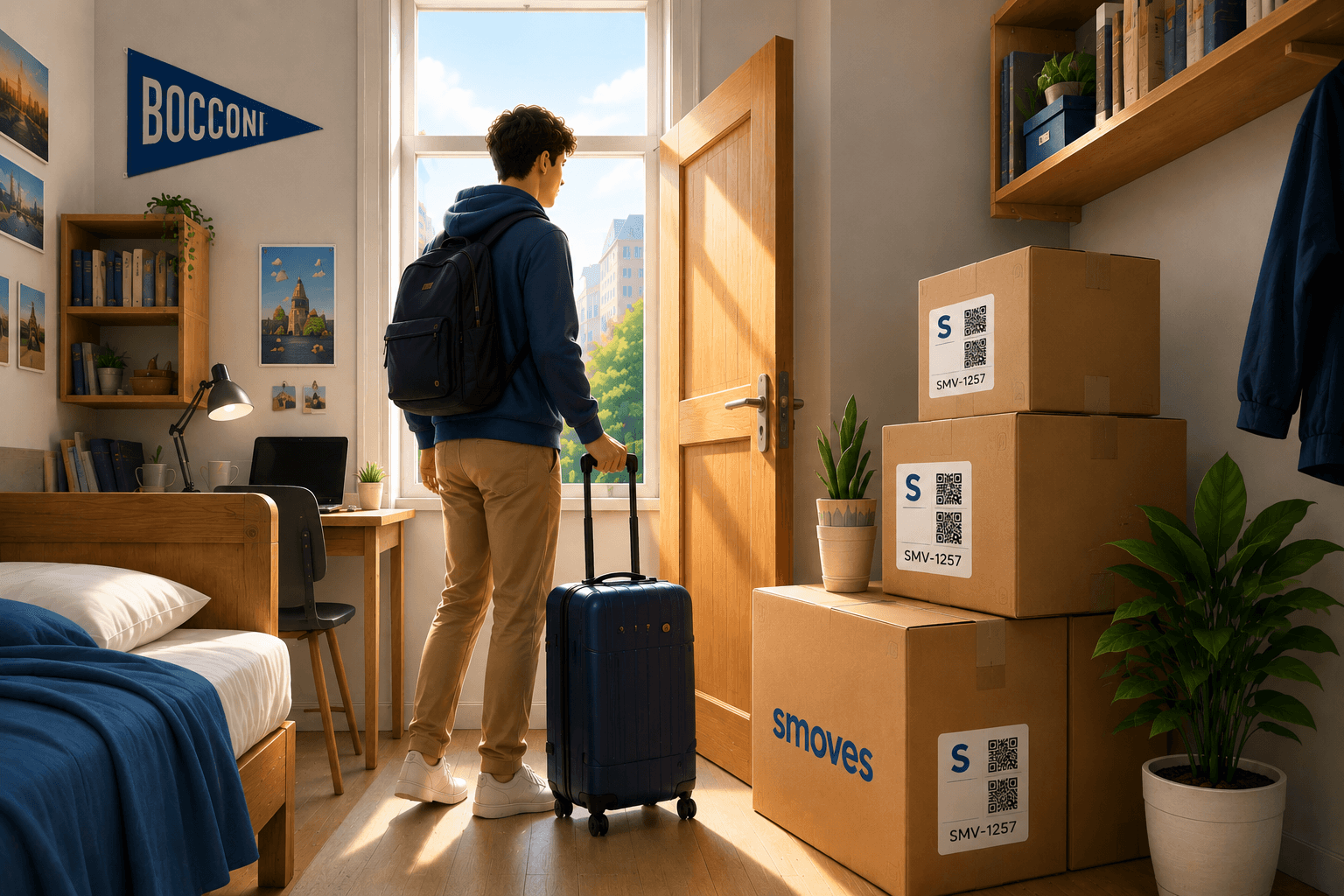 Student in a university room with Smoves boxes ready for pickup.