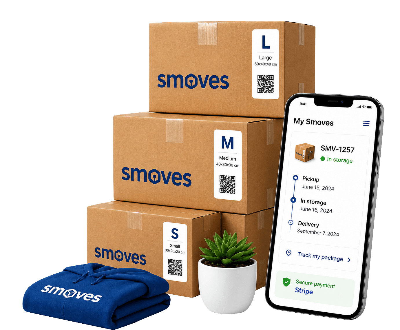 Smoves boxes S, M and L stacked next to a smartphone showing an active booking in the app: parcel ID, pickup and delivery dates, secure payment.