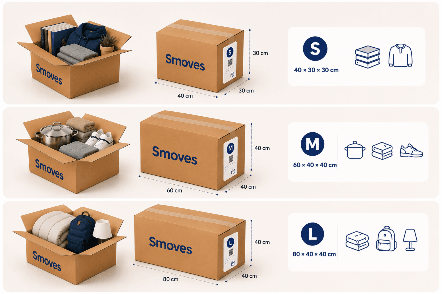 The three Smoves box sizes compared: S 40×30×30, M 60×40×40, L 80×40×40 cm.