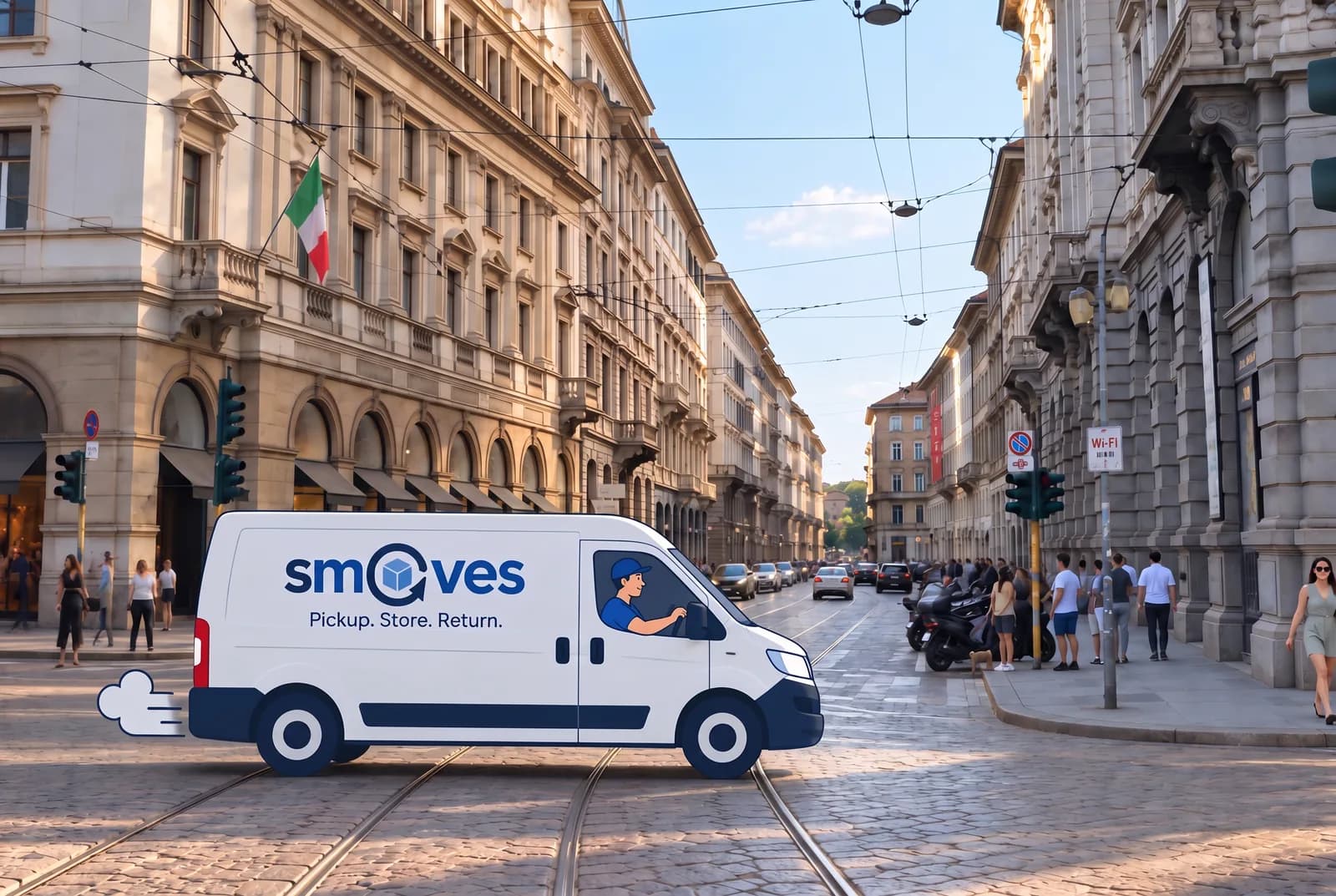 Il furgone Smoves attraversa una via del centro sui binari del tram, con la scritta Pickup. Store. Return.