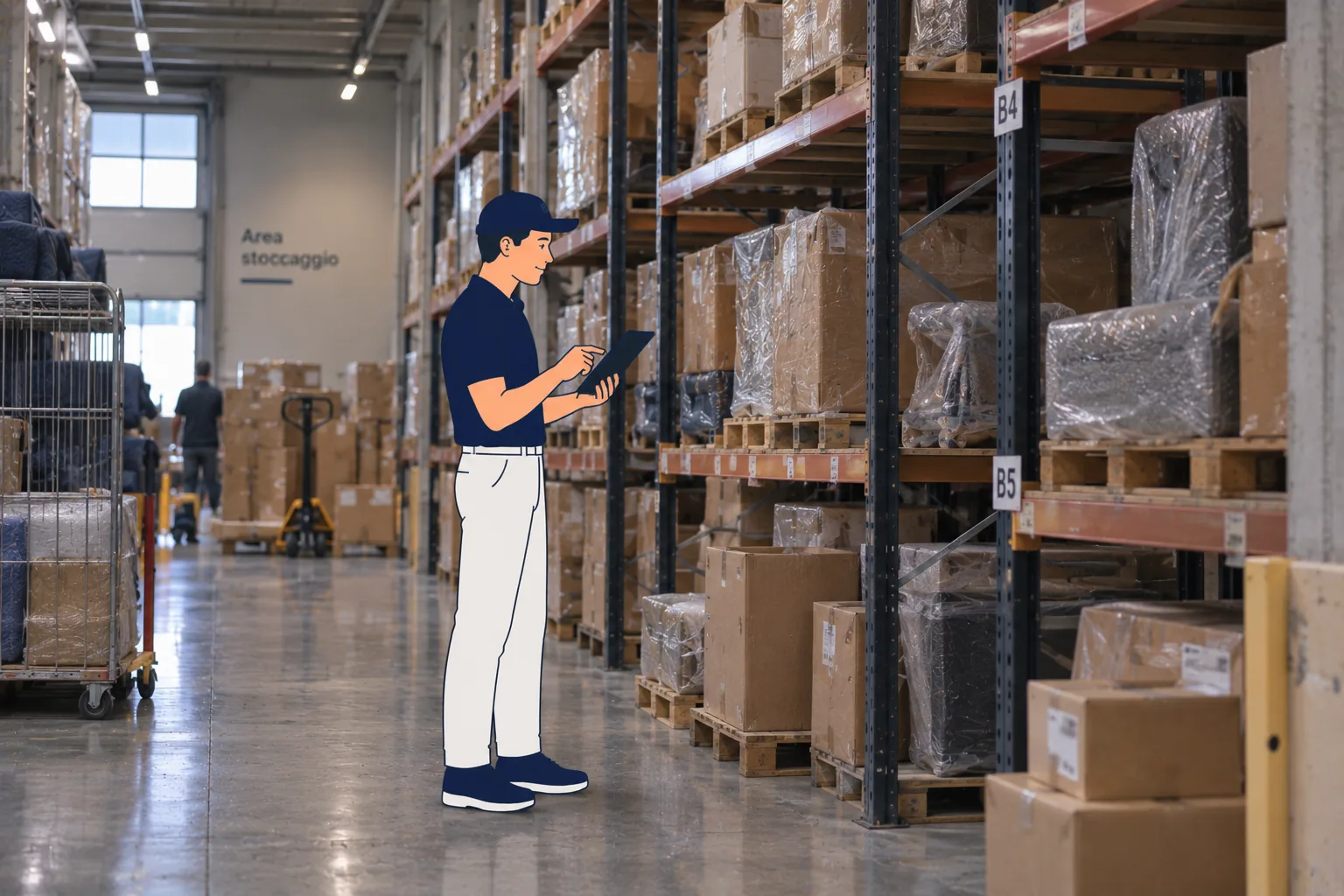 Un addetto Smoves controlla l'inventario sul tablet fra gli scaffali del magazzino, con le cose imballate e in ordine.